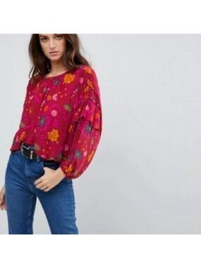 Free People Women's Peasant XS Pink and Red Blouse Boho Floral